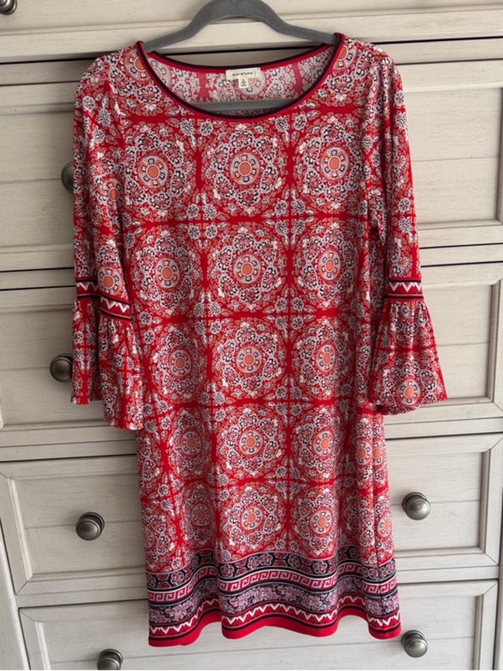 Max Studio Red and White Printed Bell-Sleeve Dress SZ Small